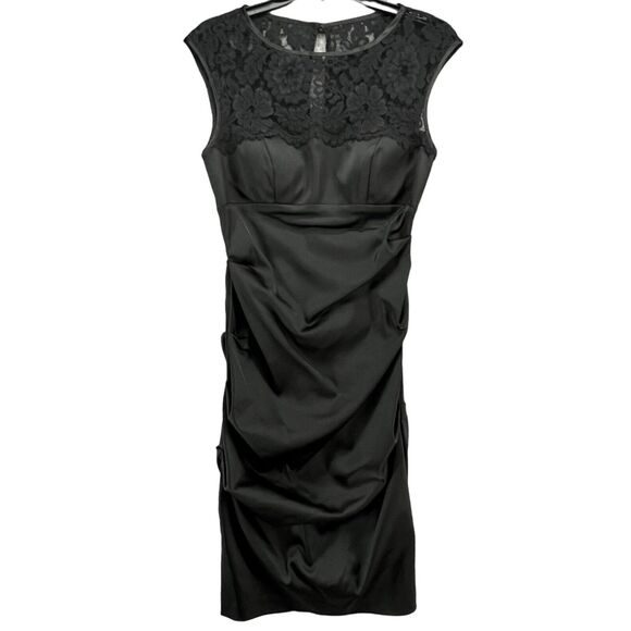Xscape Dresses & Skirts - Vintage Xscape Evening Dress Womens 6 Black Satin Lace Ruched Cocktail Holiday